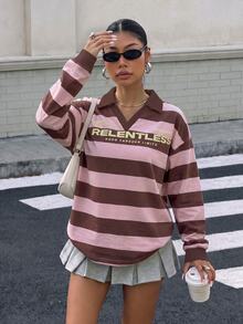 Muchica 女款 Polo 領長袖寬鬆運動衫，棕色與粉色條紋學院風返校季服飾 - 彩色 - 查看 6