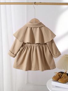 SHEIN جاكيت بيبي بناتي كلاسيكي لطيف بأزرار وكسرات بلون كاكي - لون مشمشي - مشاهدة 2