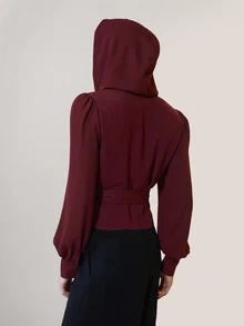 COSMINA Women's Hooded Wrap Balloon Sleeve Long Sleeve Blouse Top - Burgundy - View 2