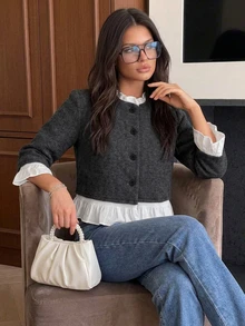 Cévolie Women's Winter New Fashionable Elegant Round Neck 3/4 Sleeve Patchwork Knit Cardigan, Sweet Preppy Style With Ruffle Trim - Grey - View 3