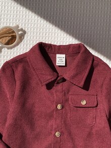 SHEIN Baby Boy Solid Color Versatile Comfortable Collared Long Sleeve Button-Up Shirt - Burgundy - View 3