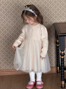 DAZY Infant/Toddler (Girl) Round Neck Mesh Patchwork Korean Style Long Sleeve Patchwork Dress - Apricot - View 4