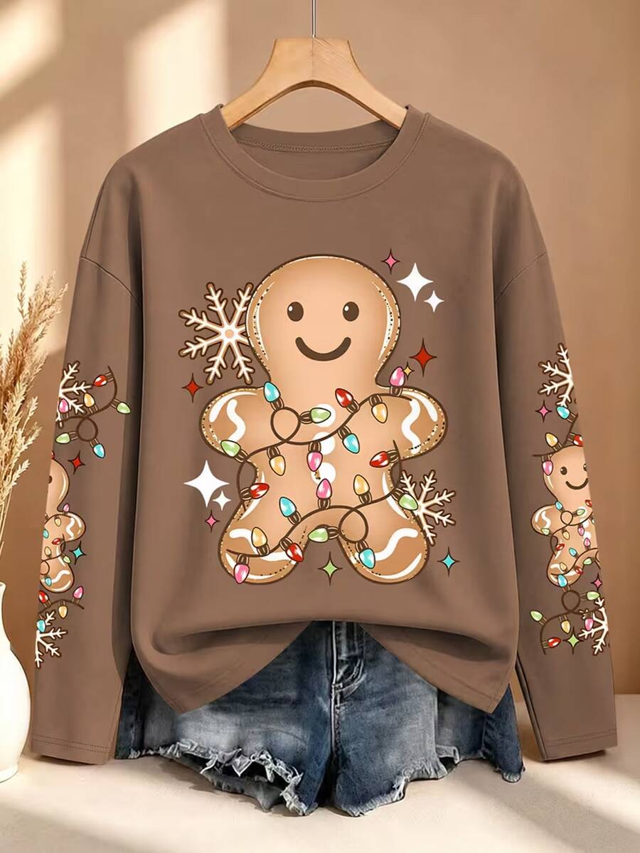 EMERY ROSE Plus Size Women's Spring/Summer Gingerbread Man Print Crew Neck Long Sleeve Casual T-Shirt - Multicolor - View 1
