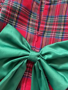 Cozy Pixies Baby Girl Woven Plaid Round Neck 3D Bow Ruffle Trim Mesh Patchwork Casual Dress - Multicolor - View 6