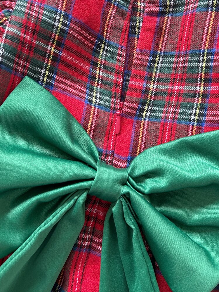 Cozy Pixies Baby Girl Woven Plaid Round Neck 3D Bow Ruffle Trim Mesh Patchwork Casual Dress - Multicolor - View 6