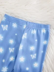 SHEIN 女嬰貼身睡衣套裝，柔軟針織雪花公主圖案，圓領長袖套頭上衣與長褲，2件組，本產品需在紫外線光下發光 - 彩色 - 查看 6