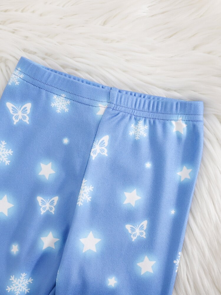 SHEIN Baby Girl Snug Fit Pajama, Soft Knit With Snowflake Princess Pattern, Round Neck Long Sleeve Pullover Top And Long Pants, 2 Pieces Set, This Product Requires UV Light To Glow - Multicolor - View 6