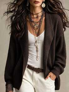SHEIN Waterfall Collar Drop Shoulder Cardigan - Chocolate Brown - View 5
