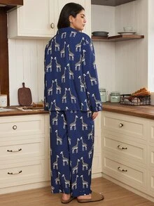 Doze Lane Plus Size Women's American Casual Loose Comfortable Giraffe Print Button Long Sleeve Pants Pajama Set, Suitable For Autumn - Navy Blue - View 2
