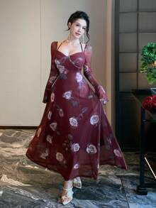 DAZY Women's Floral Print Sweetheart Neck Halter Flared Sleeve Elegant Dress - Burgundy - View 4