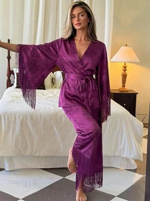 DAZY 2pcs/Set Women's Pajama Set, Tassel Patchwork V-Neck Cardigan Long Sleeve Top And Straight Leg Long Pants - Purple - View 4