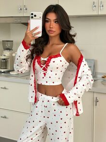 ZzzCrew 3pcs Heart Print Camisole, Long Pants And Lace Trim Robe Pajama Set - Multicolor - View 5