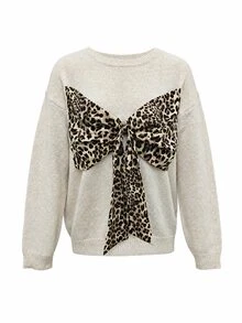 Elafinee Women's Casual Crew Neck Drop Shoulder Loose Long Sleeve Leopard Print Big Bow Ribbon Decor Ribbed Hem Pullover Sweater - Multicolor - View 5
