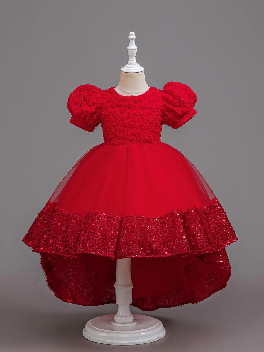 SHEIN Glamorique Kids 公主風女孩蓬蓬紗裙 兒童生日表演正式禮服 新生兒短袖婚禮花童裙 - 紅色 - 查看 1