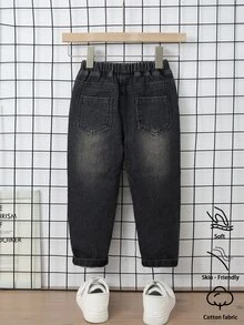 SHEIN 男童百搭休閒破洞磨損修身牛仔褲 - 黑色 - 查看 2