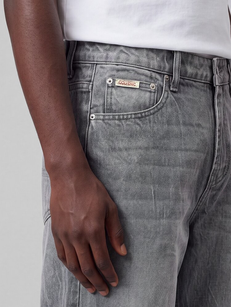 Colvenic Celana Jeans Denim Abu-abu Bordir Bunga Gaya Jalanan Kasual Pria - Dark Grey - View 6