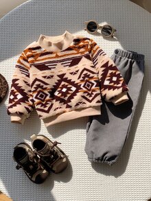 SHEIN 男女嬰兒/幼兒 2件組秋冬保暖內裡加厚可愛毛絨運動衫套裝，嬰兒冬季套裝/衣物，聖誕 - 淺灰色 - 查看 4