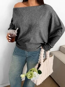 Sunnyshic Plus Size Sexy Off-Shoulder Solid Color Knit Sweater Fall - Dark Grey - View 4