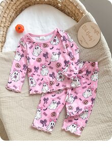 新生女嬰可愛卡通圖案長袖家居服套裝 - 粉色 - 查看 9