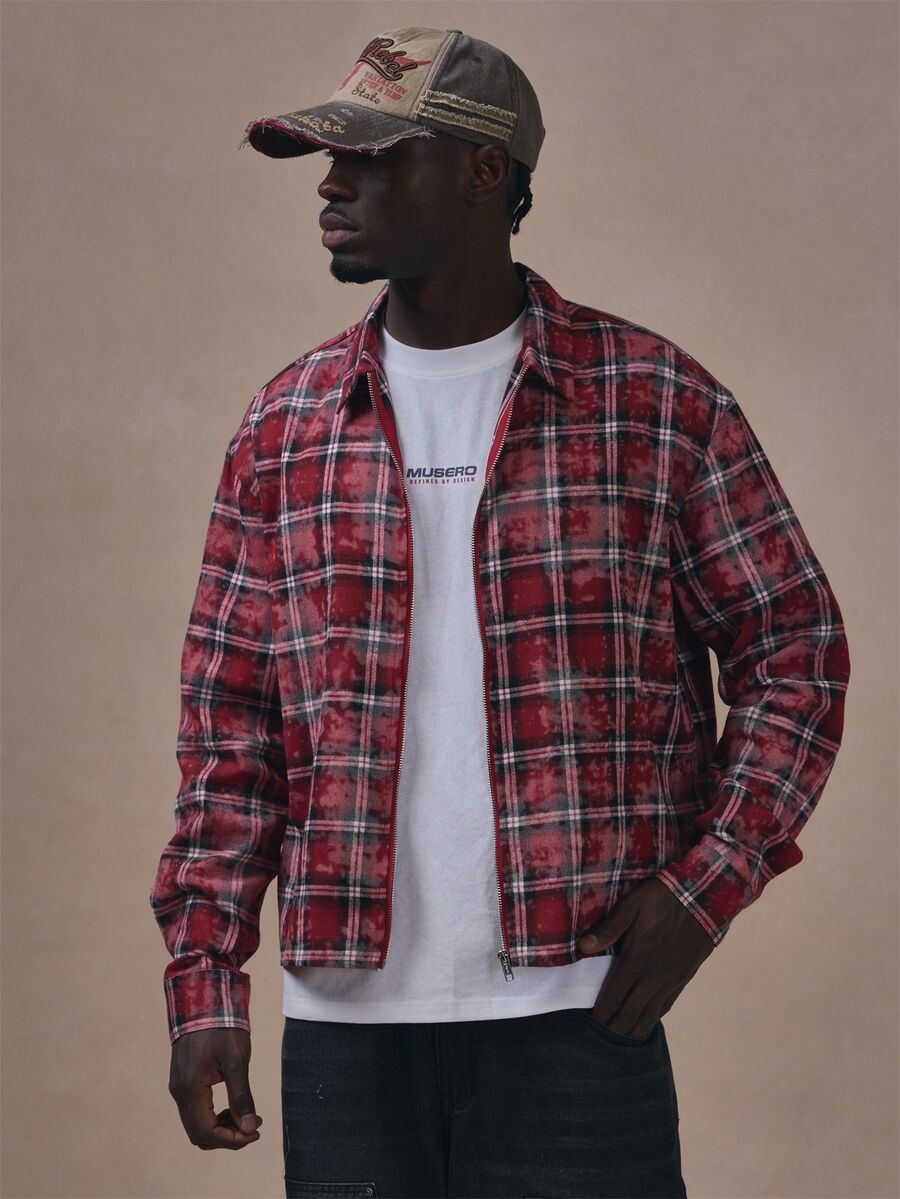 Musero Boxy Fit Acid Wash Check Zip Up Collared Shirt Autum Winter Essentials - Burgundy - View 1