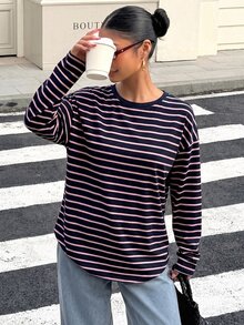 Muchica 女款寬鬆黑色條紋露背綁帶長袖T恤，適合穿搭、返校季、街頭風露背上衣 - 黑與白 - 查看 6