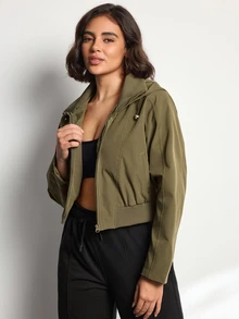 Easithlete Easithlete Jaket Pendek Wanita untuk Penerbangan, Berkerah Tegak dan Berkerudung, Kasual dan Serbaguna untuk Perjalanan Sehari-hari - Dark Green - View 4