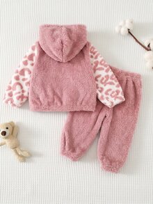 SHEIN Baby Girl Cartoon Embroidery Patchwork Leopard Print Long Sleeve Zipper Front Fleece Hooded Winter Jacket And Pants Set Autumn - Burgundy - View 2