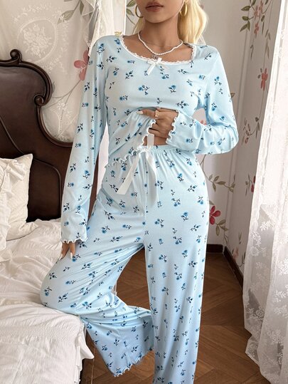 CottageSlumber Cute Rabbit Print Lace Trim Long Sleeve Long Pants Pajama Set