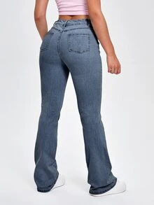 SHEIN EZwear 女款休閒百搭喇叭褲牛仔褲，附口袋 - 藍色 - 查看 2