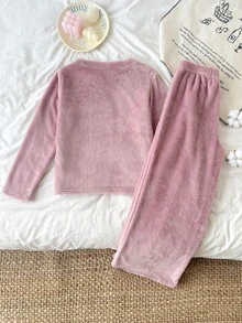 SHEIN Tween Girl 秋季/冬季 珊瑚絨毛套頭上衣與長褲 2 件套居家服套裝，粉紅色，女童服飾套裝 - 藕粉色 - 查看 2