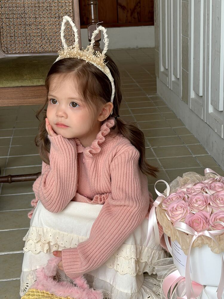 DAZY 嬰兒/幼兒（女童）圓領長袖韓式荷葉邊修飾長袖秋冬毛衣 - 粉色 - 查看 3