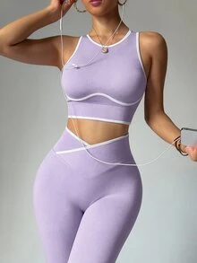 Dewbera Dewbera 女款拼色上衣與緊身褲休閒日常運動套裝 - 淡紫色 - 查看 7