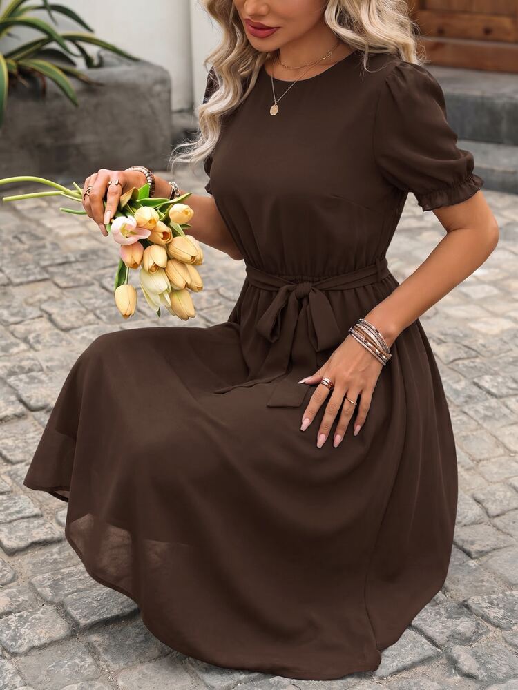 EMERY ROSE Women's Solid Color Round Neck Waist Knot Casual Elegant Party Short Sleeve Dress Navy Blue Summer - Coffee Brown - View 3