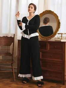 Côtesoire Plus Size Women French Elegant Contrast Color Long Sleeve Pajama Pants Set - Black and White - View 3