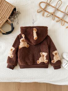 SHEIN LMoss Kids 女嬰休閒純色可愛愛心圖案毛茸茸連帽冬季外套 - 棕色 - 查看 2