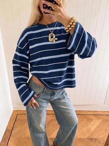 SHEIN EZwear 海外長袖淺藍色與海軍藍條紋襯衫，秋季上衣，適合日常通勤、聚會、秋冬春夏、聖誕節、新年、感恩節、派對、婚禮、海灘、畢業典禮、優雅、外出、約會、通勤、情人節、優雅、度假、Y2K、畢業典禮等場合 - 彩色 - 查看 3