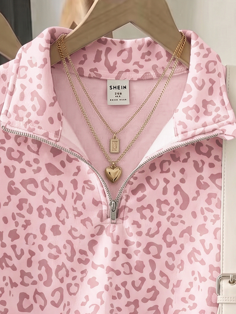 College Style Vintage Pink Leopard Print, Tween Girls Half-Zip Drop Shoulder Sweatshirt, Street Vintage Style, Casual Comfortable, Children's Autumn Layering, Y2K, Sportswear, Outing, Street Photography, Campus, Chill Chill - Multicolor - View 4