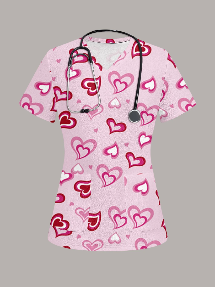 PopScrub Fun Heart Pink Double Layer Heart Women's Scrub Uniform Top - Multicolor - View 1