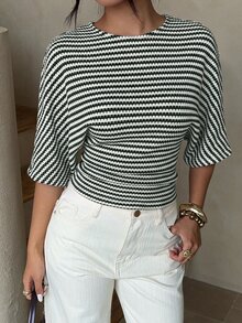 Aloruh 女款條紋蝙蝠袖休閒圓領T恤，夏季上衣 - 軍綠色 - 查看 3