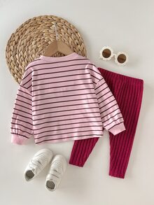 SHEIN Baby Girl Baby Girl Knitted Striped Pattern 3D Flower Round Neck Long Sleeve Pullover Sweatshirt & Long Pants 2 Pieces Set, Suitable For Autumn/Winter, Inner Wear, All-Match Casual, Versatile Fashion - Multicolor - View 3