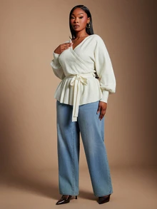 SHEIN SXY Plus Size Women's Solid Color V-Neck Knotted Waist Casual Versatile Long Sleeve Sweater - White - View 5