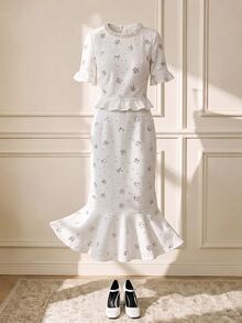 Suri Mira Women's Sequin Ruffle Hem Top And Mermaid Skirt 2 Pieces Set - White - View 6