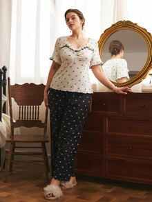 Côtesoire Plus Size French Romantic Knit Bow Print Short Sleeve Long Pants Pajama Set - Multicolor - View 3