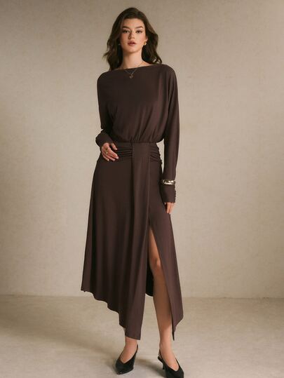 Poéselle Women's Solid Color Boat Neck Long Sleeve Split Hem Elegant Midi Dress,Dark Brown Dress,Elegant Dresses For Women,All/Fall Dress Dinner Brunch
