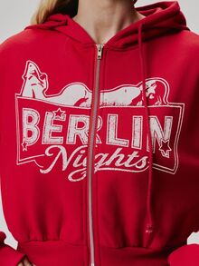MUSERA Graphic Printed Zip Through Cropped Hoodie Cute Daily Vintage Y2K Back To School Primary - Red - View 6