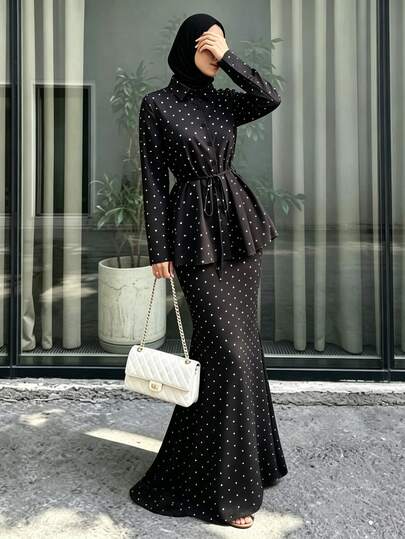Celisse French Polka Dot Vintage Elegant Versatile 2 Pieces Set, New Lapel Waist-Cinching Ruffle Hem Top + Mermaid Flared Long Skirt, Elegant Muslim Outfit, Suitable For Daily Wear, Commuting, Formal Occasions And More