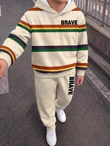 青少年男孩休閒極簡長袖連帽舒適衛衣2件套，適合秋冬，經典復古條紋圖案印花，經典文字圖案印花 BRAVE - 彩色 - 查看 2