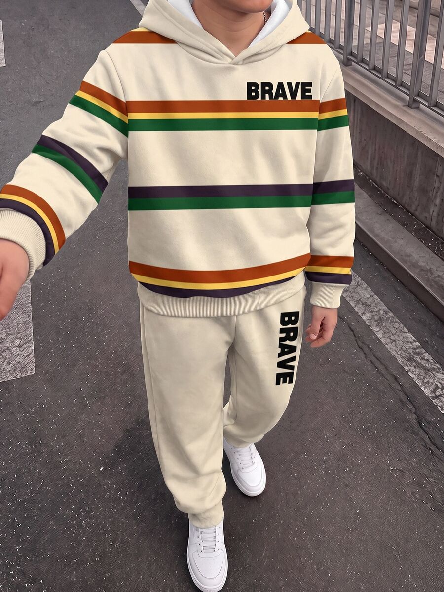 Tween Boy Casual Minimalist Long Sleeve Hooded Comfortable Sweatshirt 2 Pieces Set, Suitable For Autumn/Winter, Classic Retro Striped Pattern Print, Classic Text Pattern Print BRAVE - Multicolor - View 1