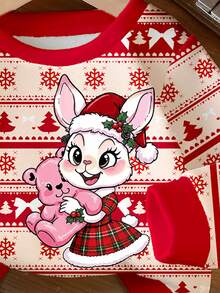 1pc Young Girls Casual Fresh Cute Cartoon Red & White Christmas Rabbit Momo Pattern Crew Neck Sweatshirt, Christmas Fall Outfits - Pink - View 5