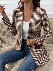 SHEIN Clasi Blazer Kasual Wanita Lengan Panjang Motif Houndstooth dengan Satu Kancing - MultiWarna - View 7